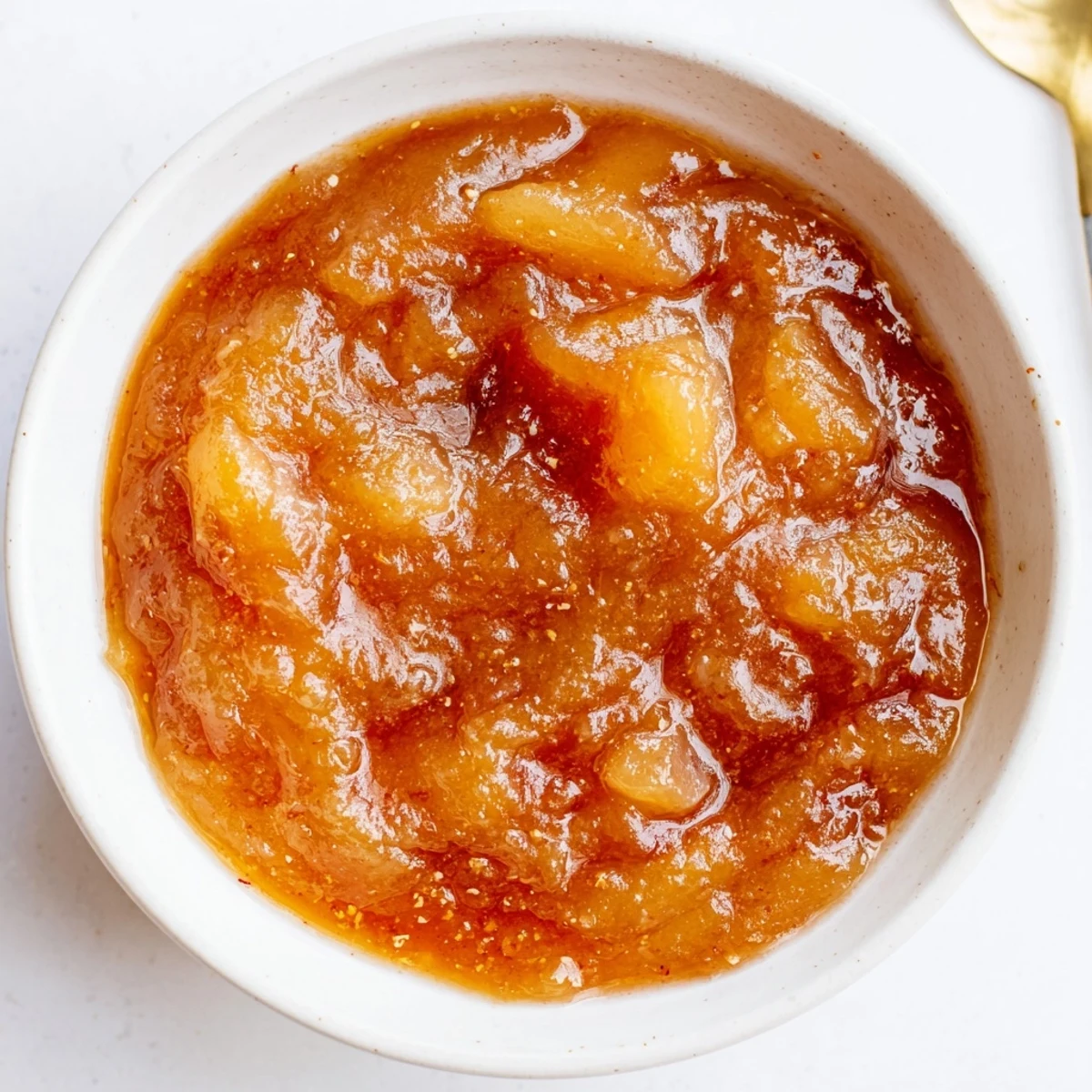 Jar of Fall Caramel Apple Jam glistening, chunky apples and warm cinnamon aroma