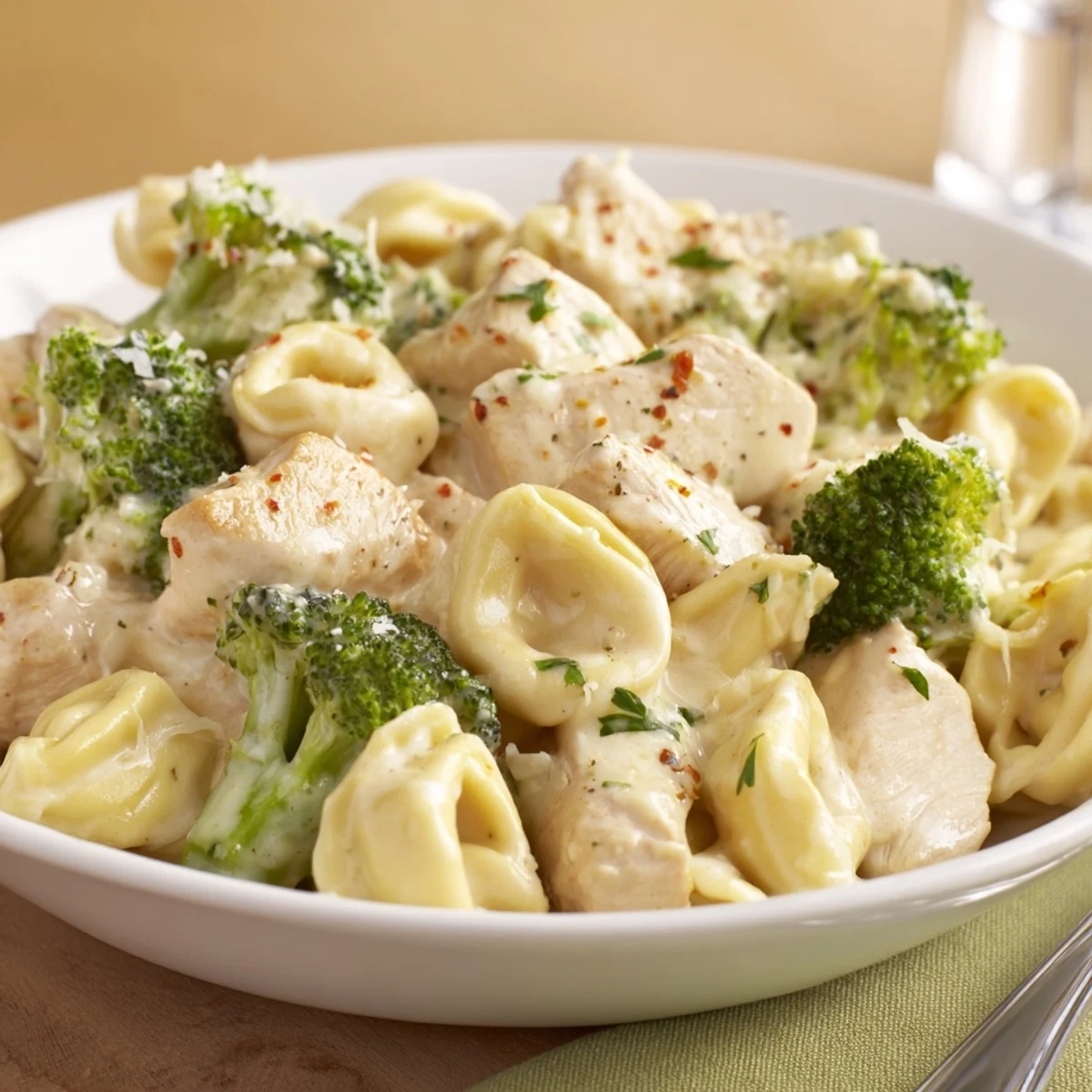 Creamy Garlic Parmesan Tortellini Chicken Broccoli Recipe steaming in skillet, glossy sauce