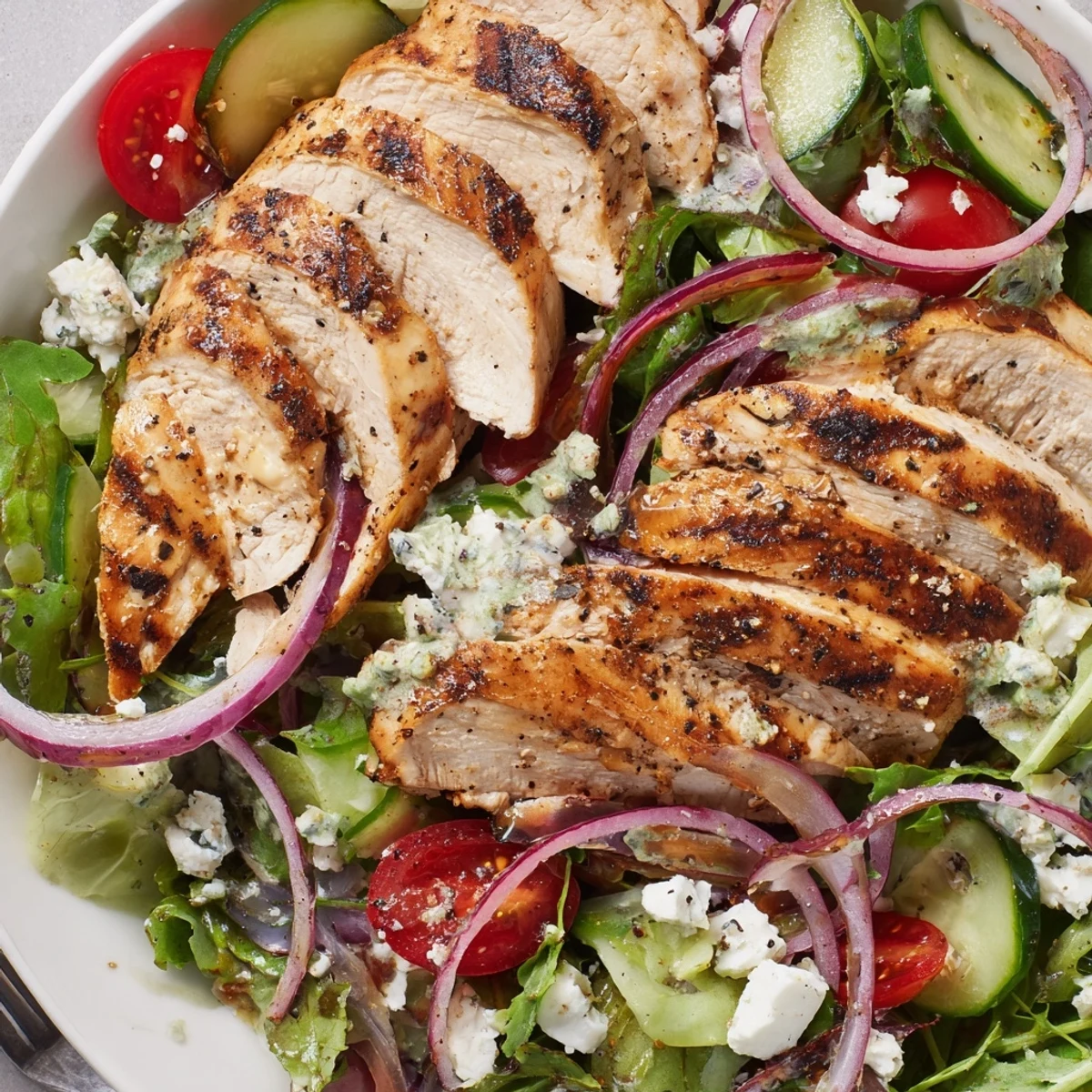 Grilled Chicken Salad Avocado Herb Dressing Recipe with tender sliced chicken and creamy dressing