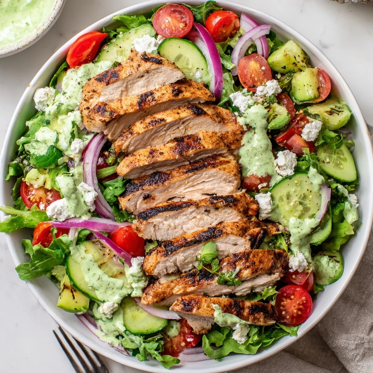 Bright Grilled Chicken Salad Avocado Herb Dressing Recipe served over mixed greens, lime