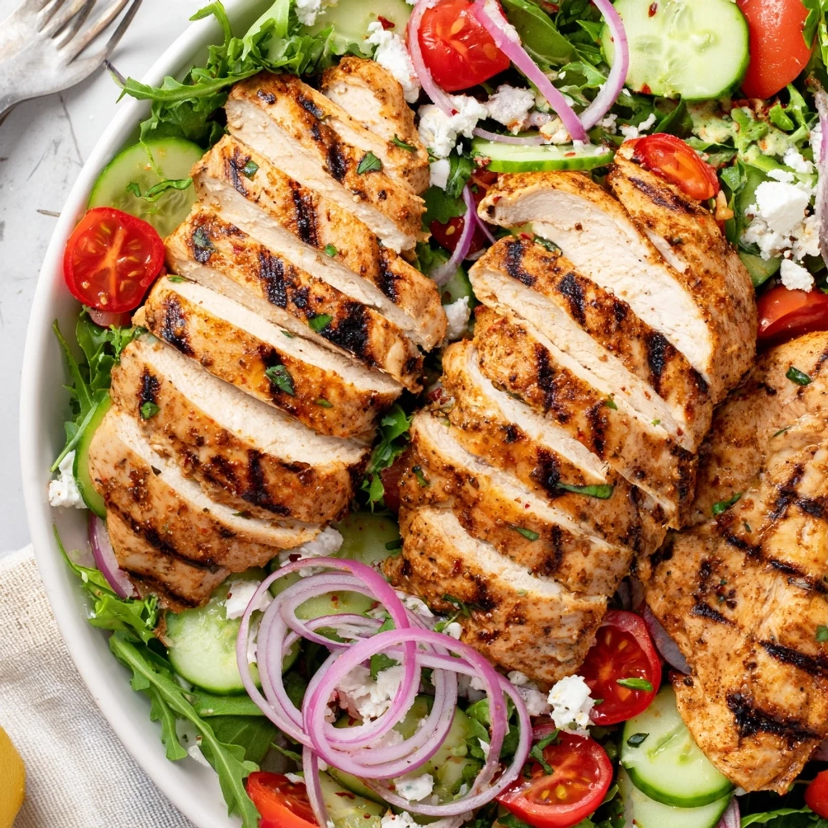 Smoky grill aroma in Grilled Chicken Salad Avocado Herb Dressing Recipe, tossed with greens