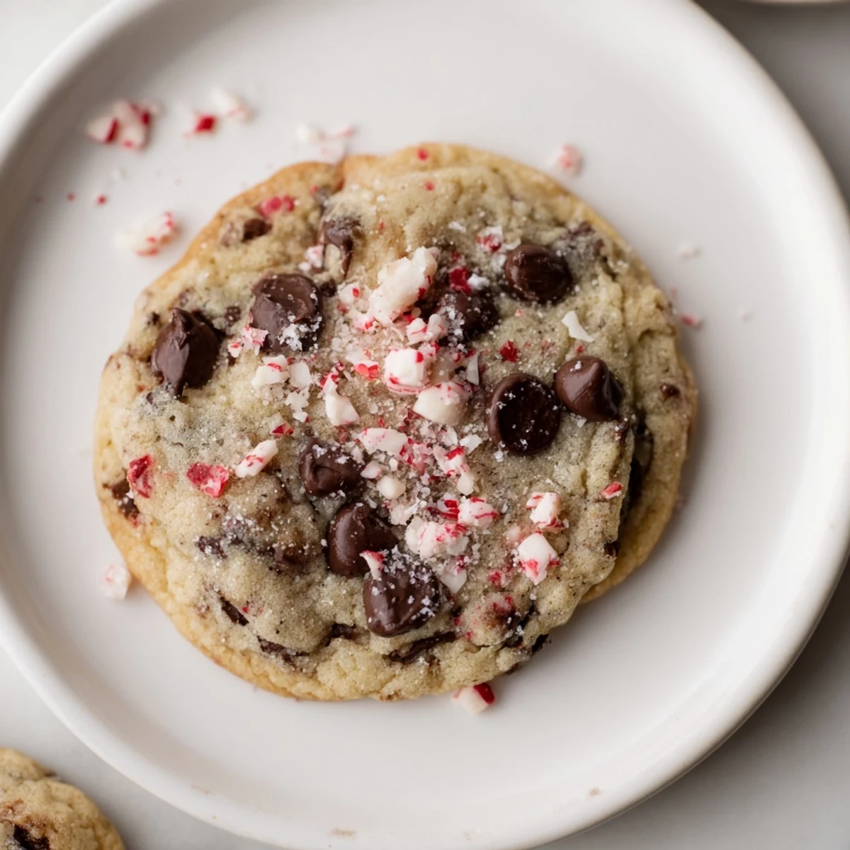 Fresh baked Peppermint Chocolate Chip Cookies stacked with crushed candy cane garnish.