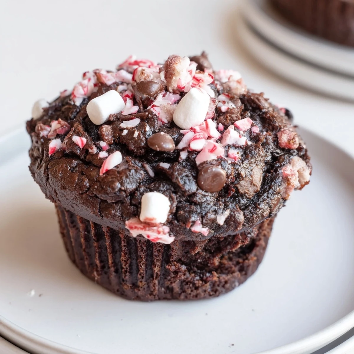 Warm Peppermint Hot Chocolate Muffins topped with marshmallows and crushed candy