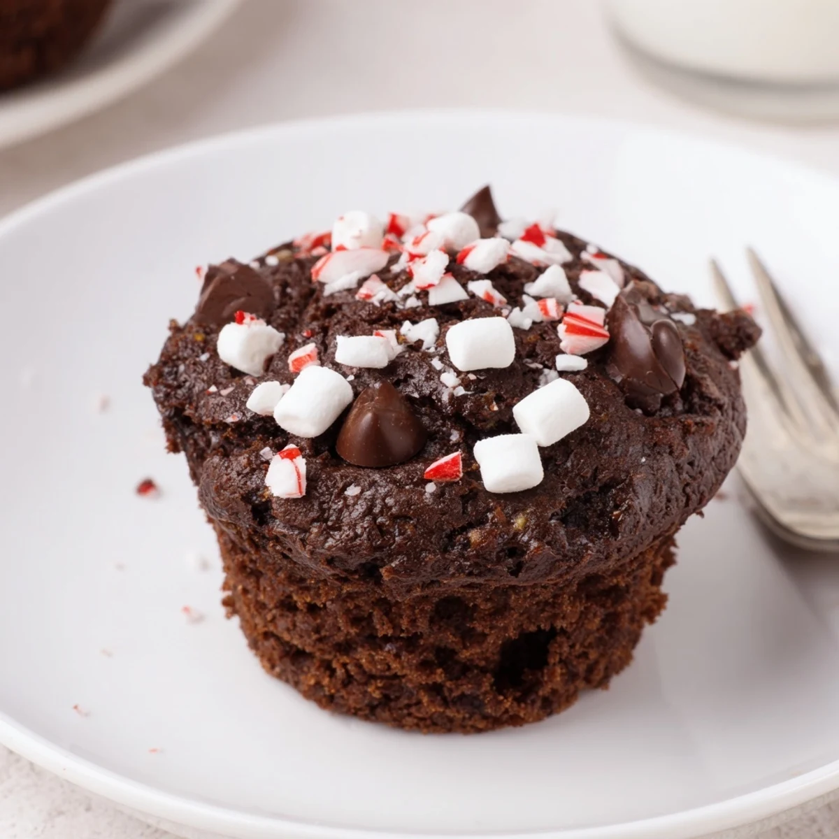 Bite revealing gooey center in Peppermint Hot Chocolate Muffins, cozy holiday treat