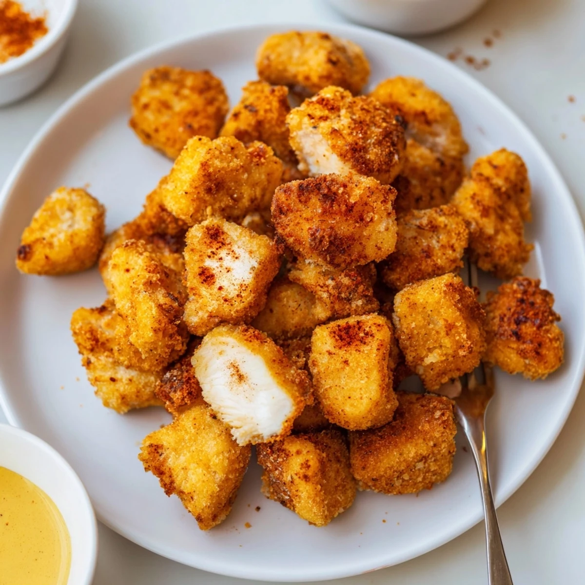 Golden, crispy Chicken Bites piled on a plate with ranch.