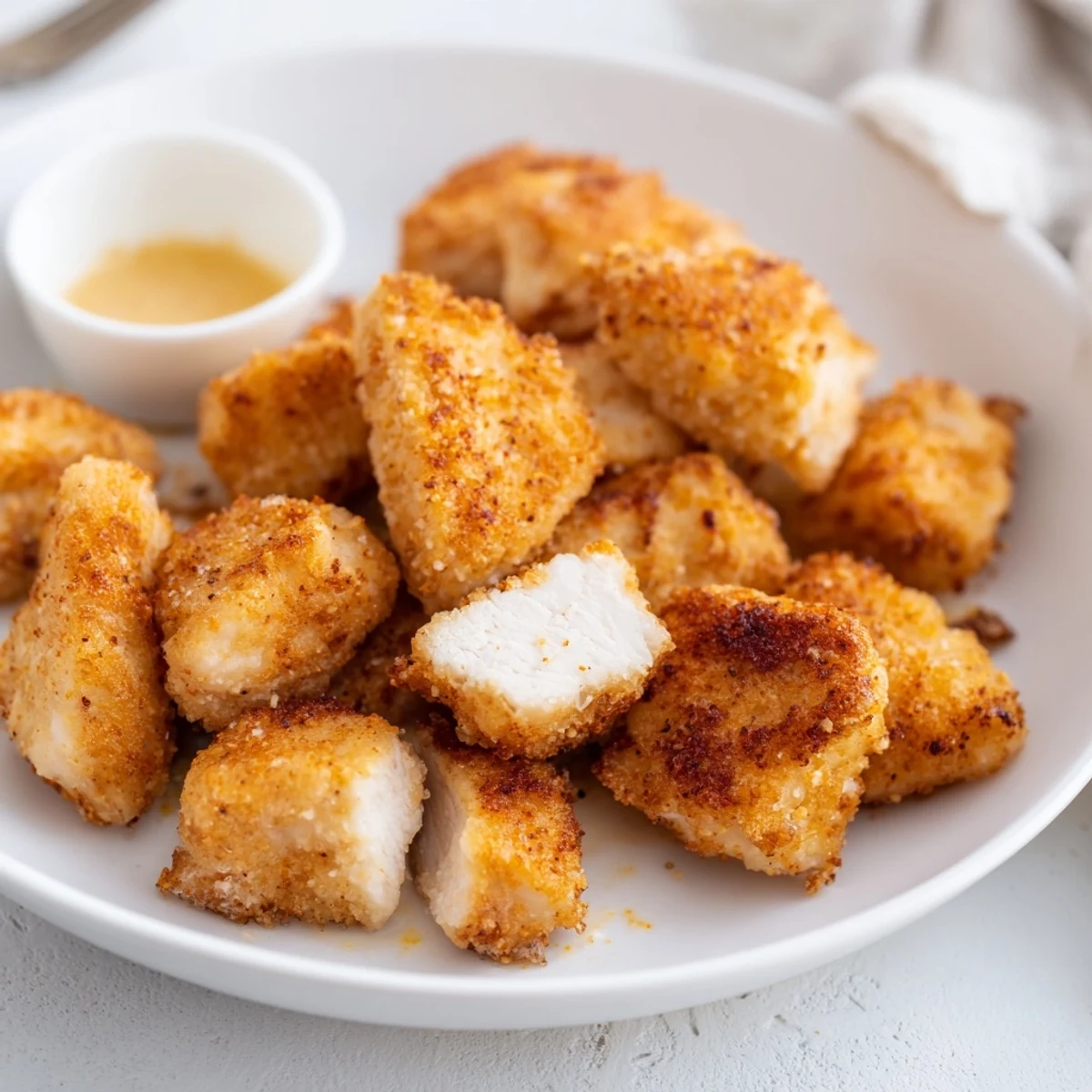 Juicy Chicken Bites with smoky paprika crust, steaming beside honey mustard.
