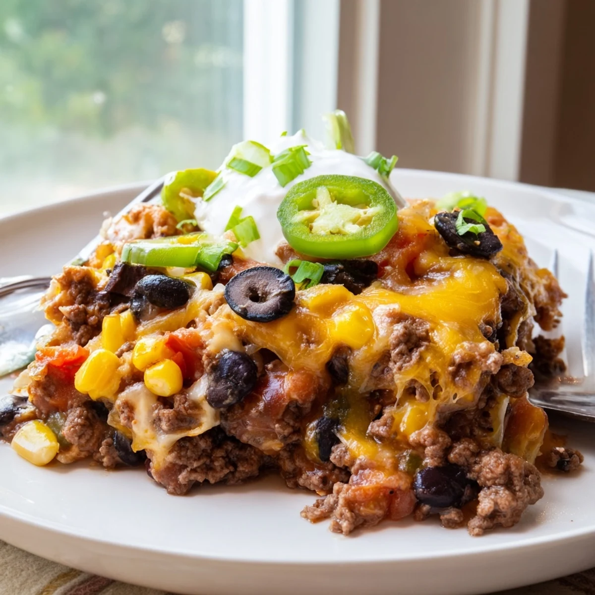 Cheesy Nacho Casserole bubbling golden in baking dish, topped with cilantro  