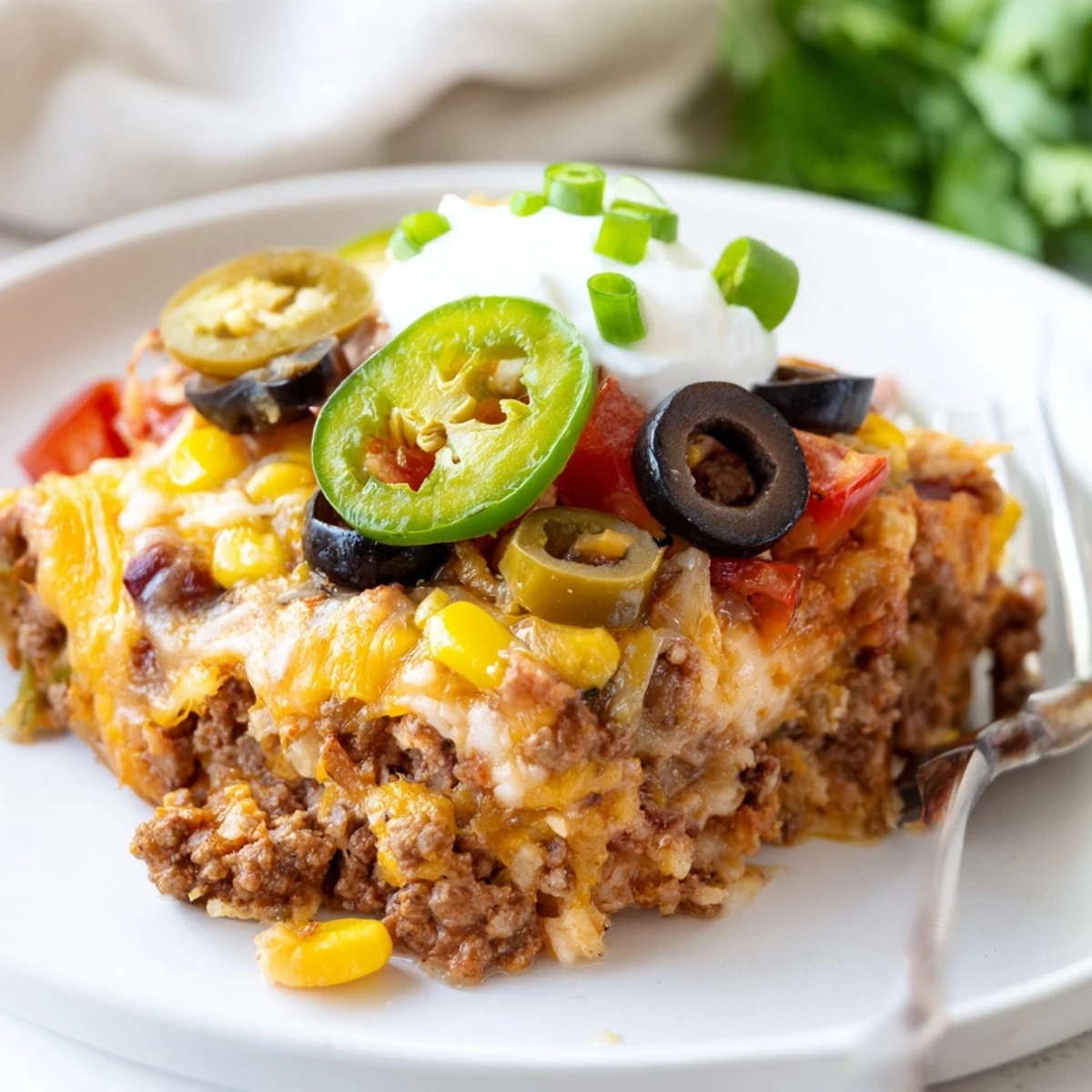 Hearty Cheesy Nacho Casserole slice on plate, crisp chips under gooey cheese  