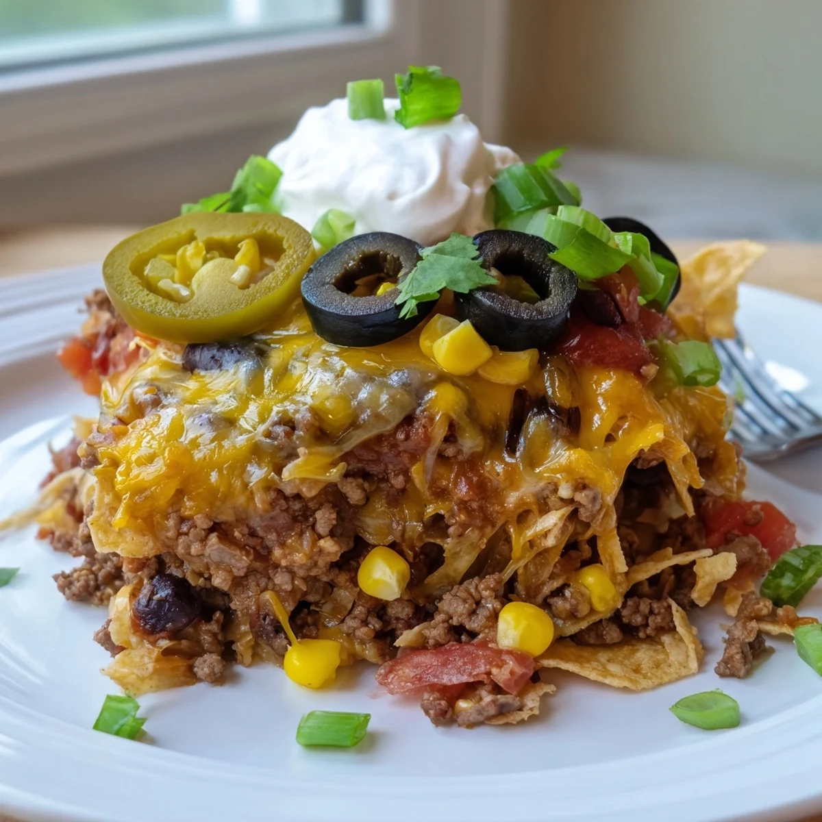 Warm Cheesy Nacho Casserole served for game night with sour cream dollop