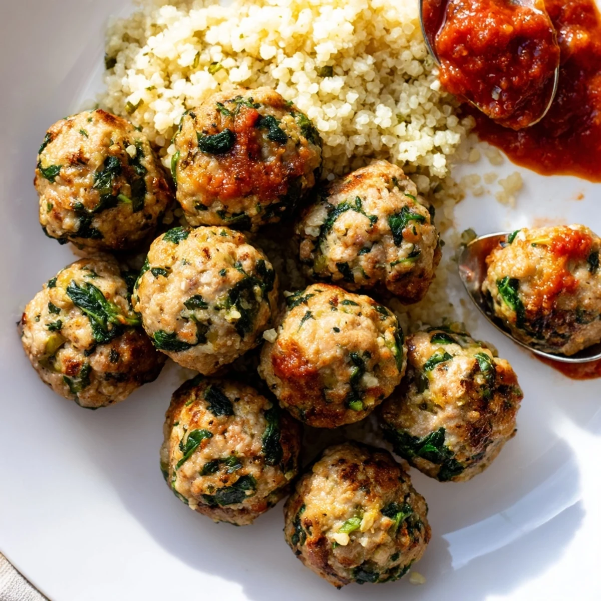 Low Carb Spinach Chicken Meatballs glistening golden, served with cauliflower rice  
