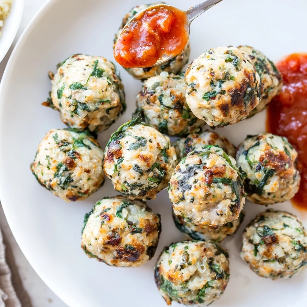 Fresh baked Low Carb Spinach Chicken Meatballs steaming, herbed aroma, perfect salad topper  