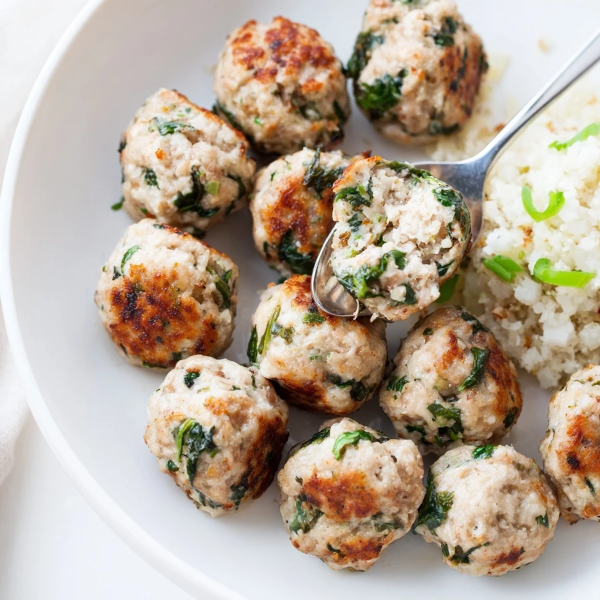 Pan seared Low Carb Spinach Chicken Meatballs browned edges, tender interior, ready with marinara