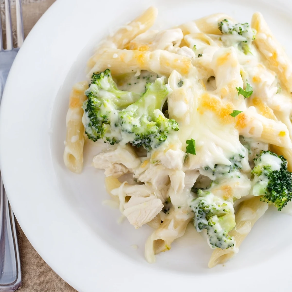Golden cheesy Chicken Broccoli Alfredo Bake fresh from oven, bubbling and fragrant