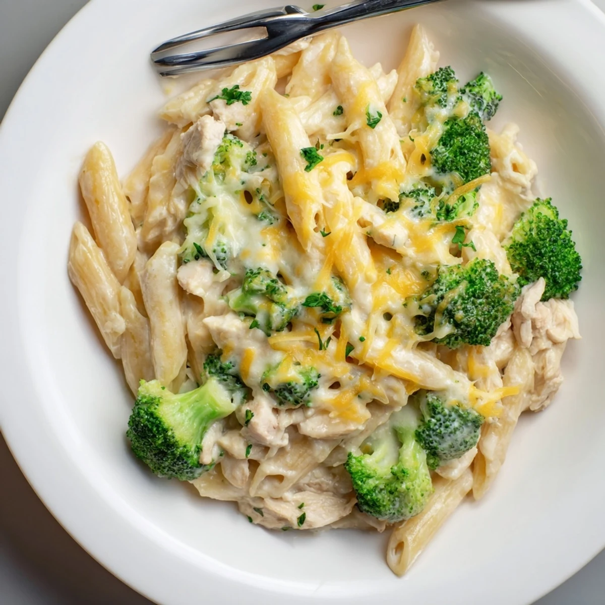 Bubbly, browned top on Chicken Broccoli Alfredo Bake, ready to slice