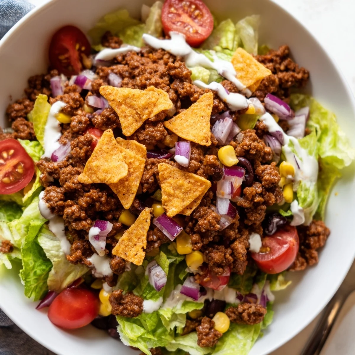 Crisp, colorful Simple Doritos Taco Salad layered with zesty taco beef  