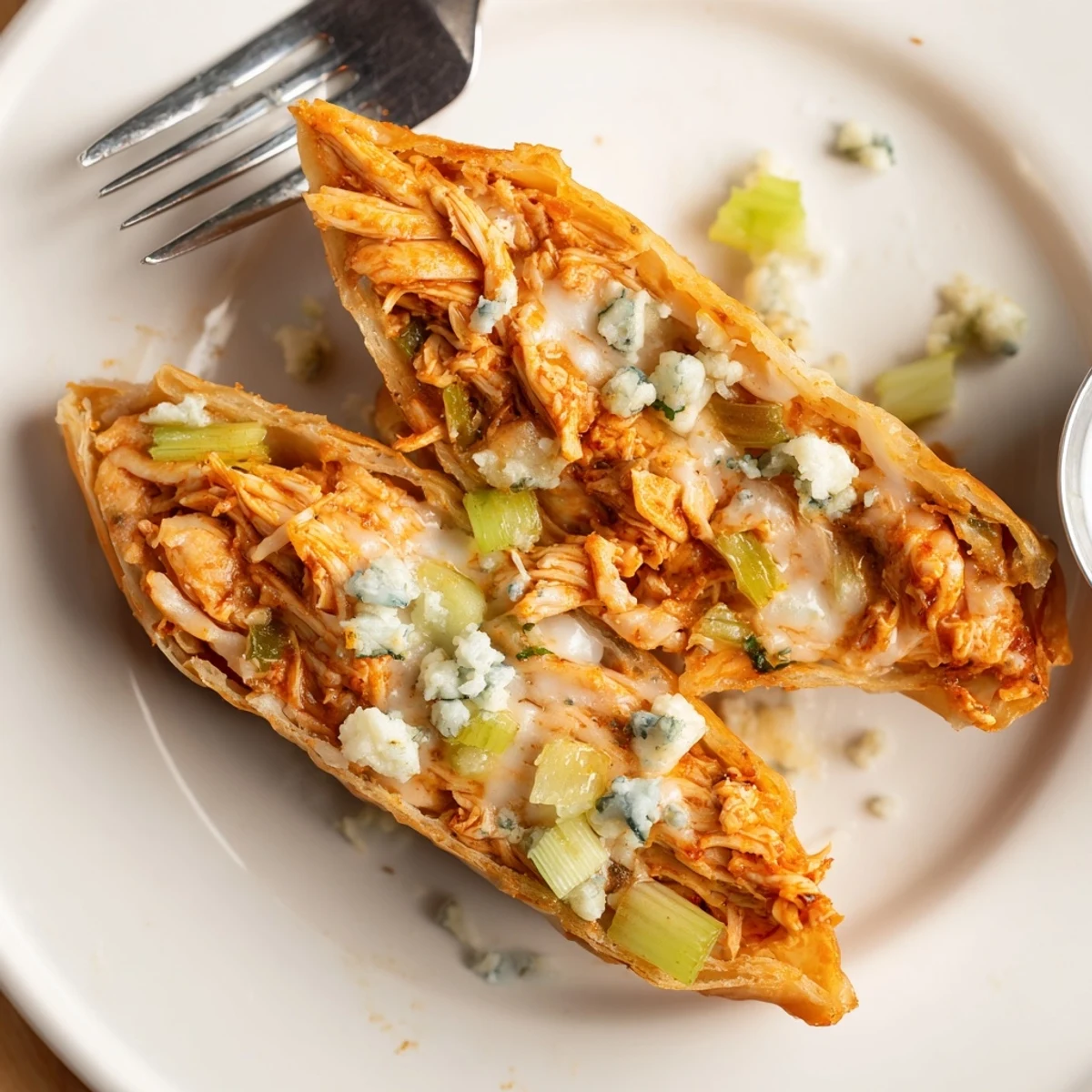 Hand-rolled Buffalo Chicken Egg Rolls on cutting board, celery and ranch nearby