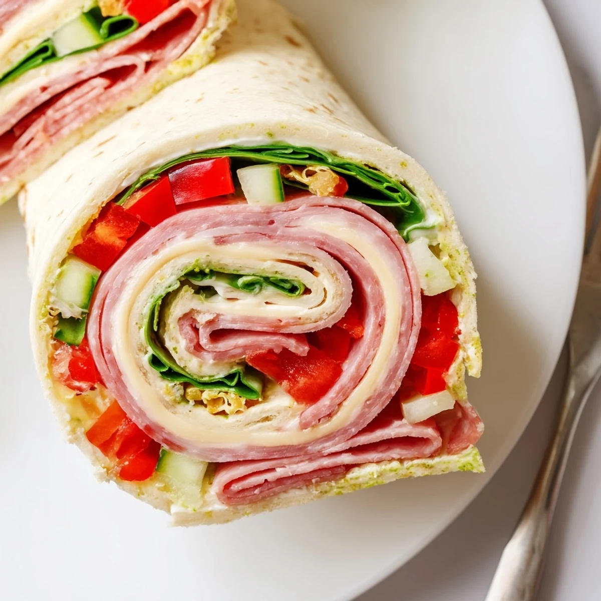Italian Pinwheel Sandwiches arranged on platter, colorful layers of salami and provolone