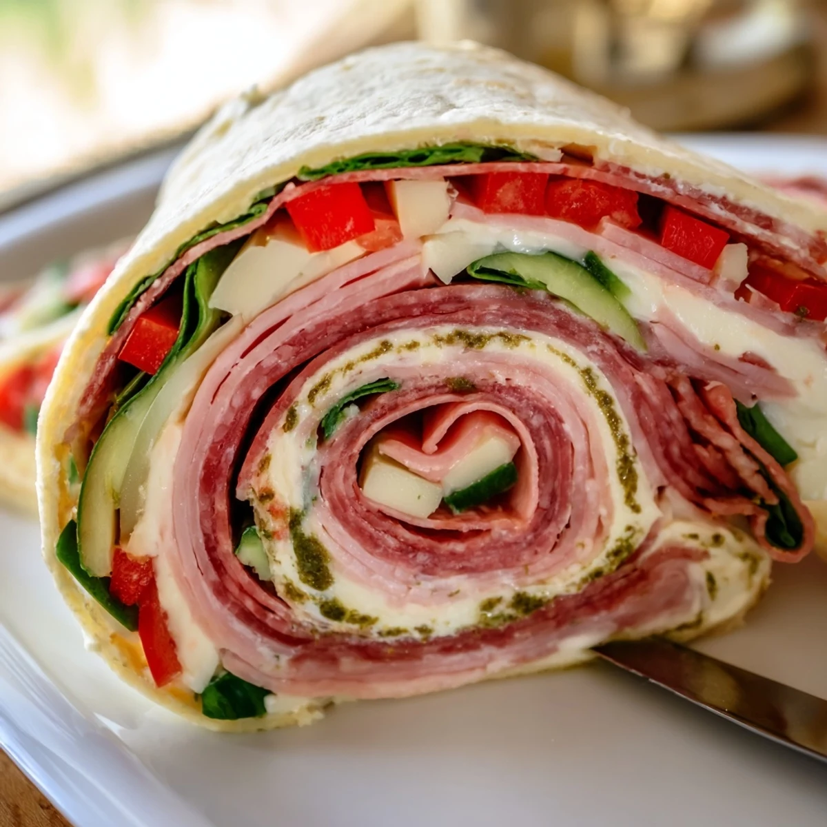 Chilled Italian Pinwheel Sandwiches with creamy pesto spread, crisp cucumber and basil