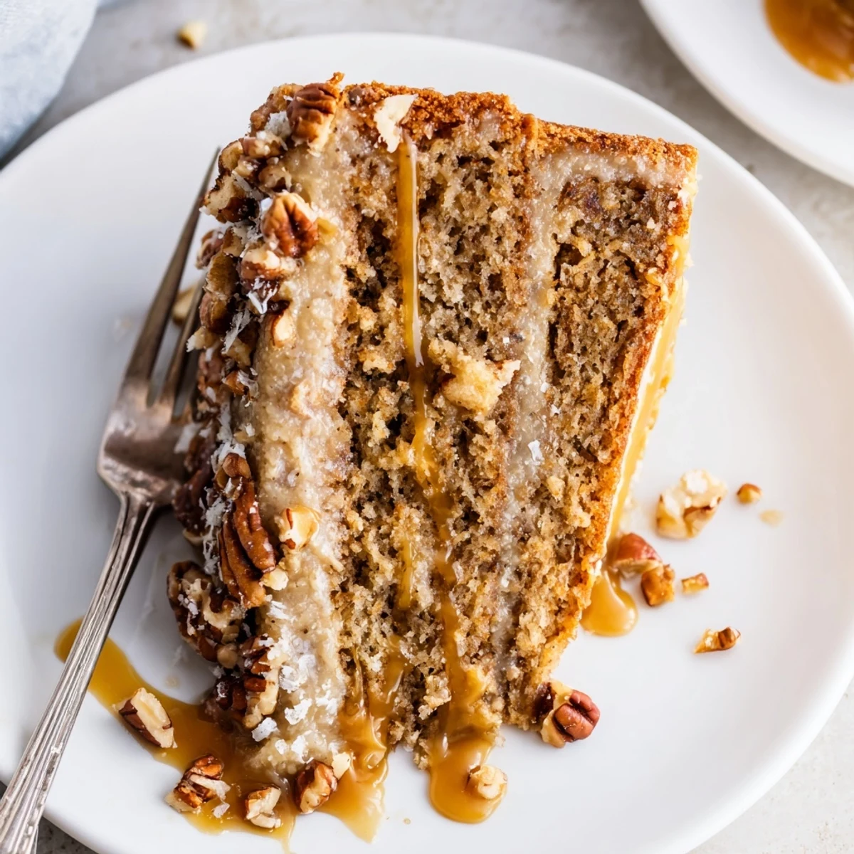 Salted Caramel Brown Butter Banana Cake sliced, glossy caramel pooling, warm and fragrant