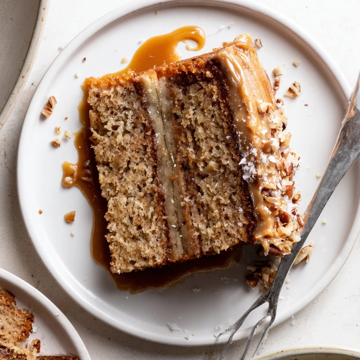 A close-up of Salted Caramel Brown Butter Banana Cake topped with toasted pecans