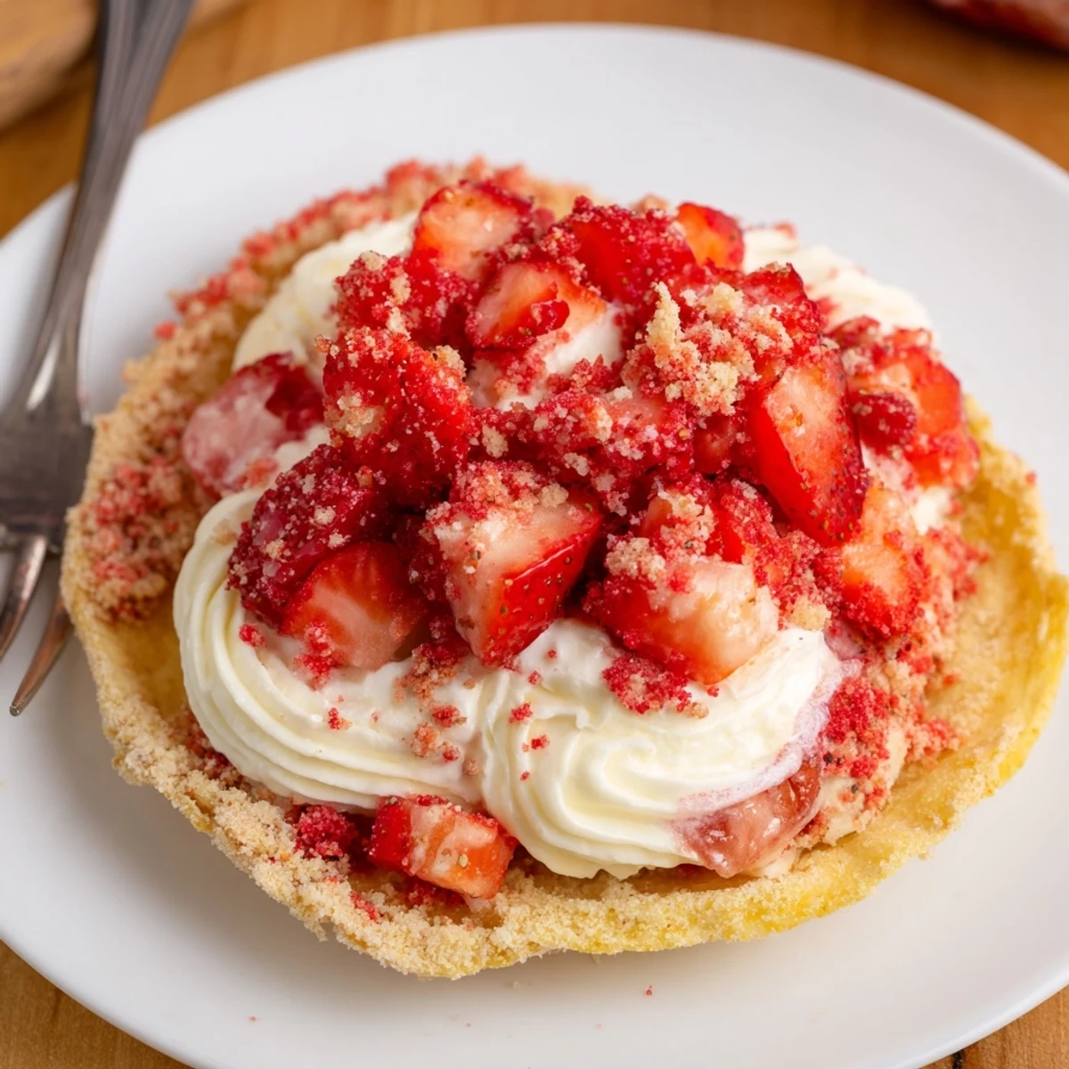Strawberry Crunch Cheesecake Tacos arranged on a platter, creamy filling and crunchy rims