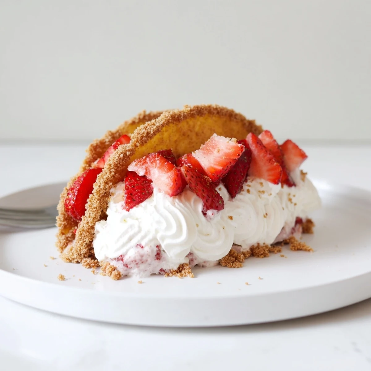 Close-up of Strawberry Crunch Cheesecake Tacos with diced strawberries and buttery shells