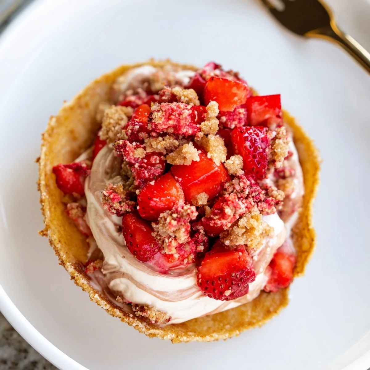 Plated Strawberry Crunch Cheesecake Tacos chilled for serving, sweet cream and cookie crunch