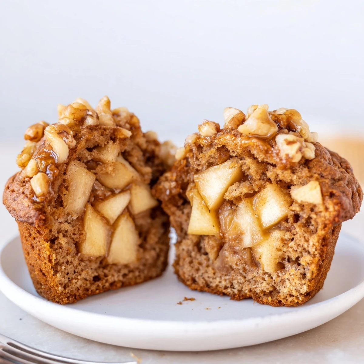 Plated Healthy Apple Cinnamon Greek Yogurt Muffins served with honey drizzle and walnut sprinkle