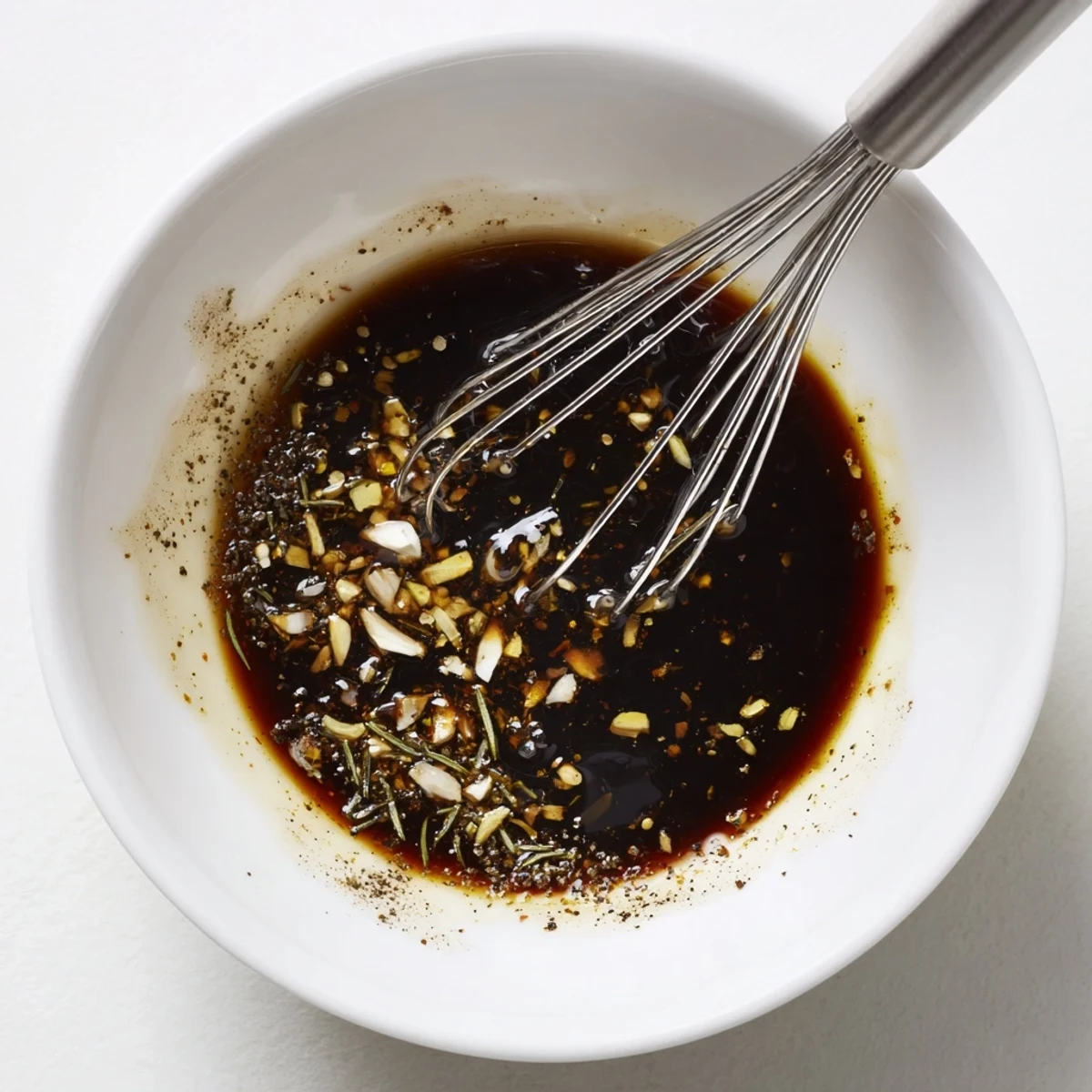 Homemade Steak Marinade soaking flank steak, tangy balsamic and lemon notes.