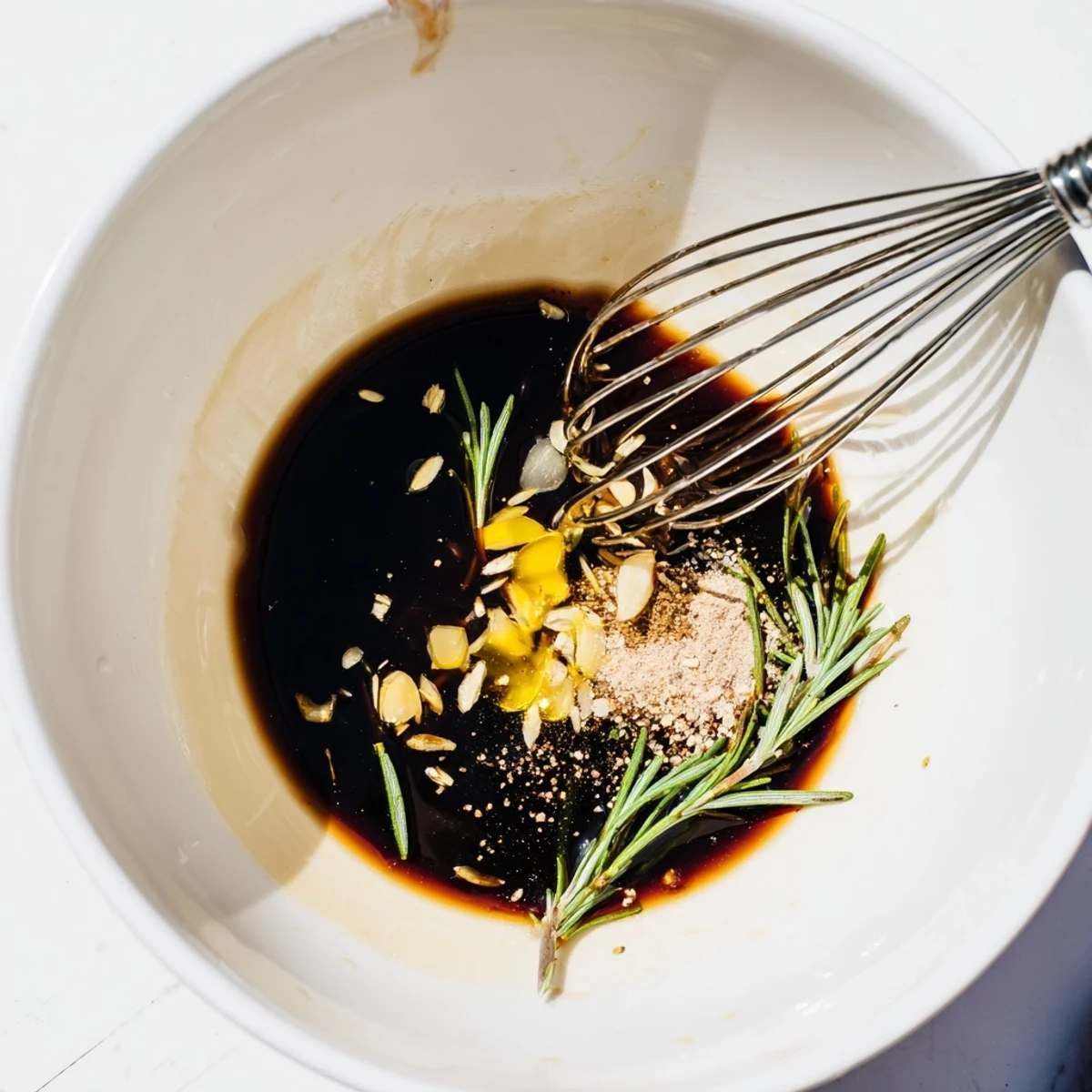 Bowl of Steak Marinade with minced garlic and rosemary, ready to pour.