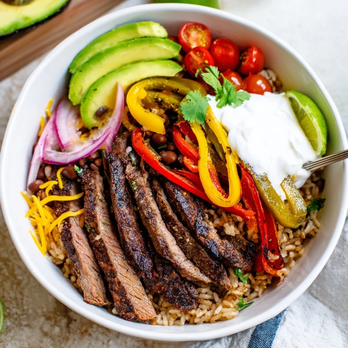 Bright Steak Fajita Power Bowls topped with creamy avocado, cilantro, and rice