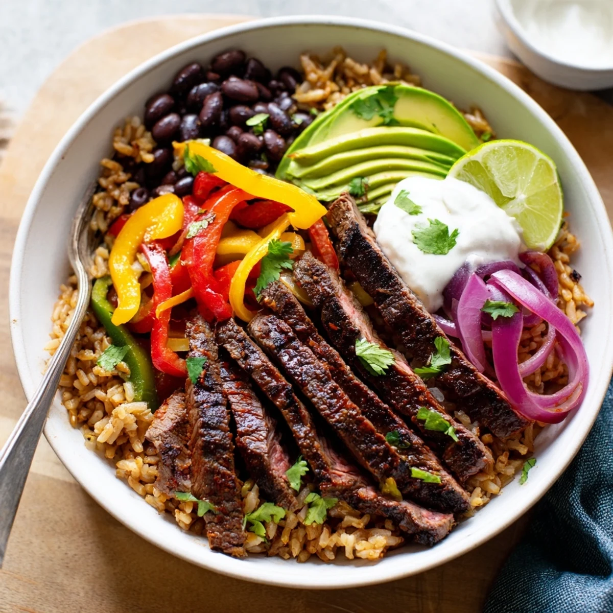 Steak Fajita Power Bowls with sizzling marinated steak, peppers, and lime