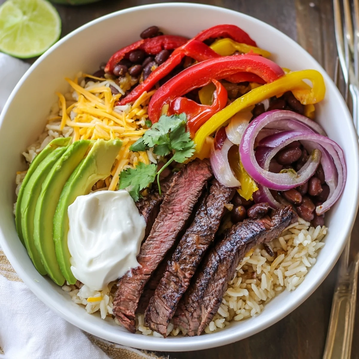 Grilled Steak Fajita Power Bowls served warm with black beans, zesty lime wedges