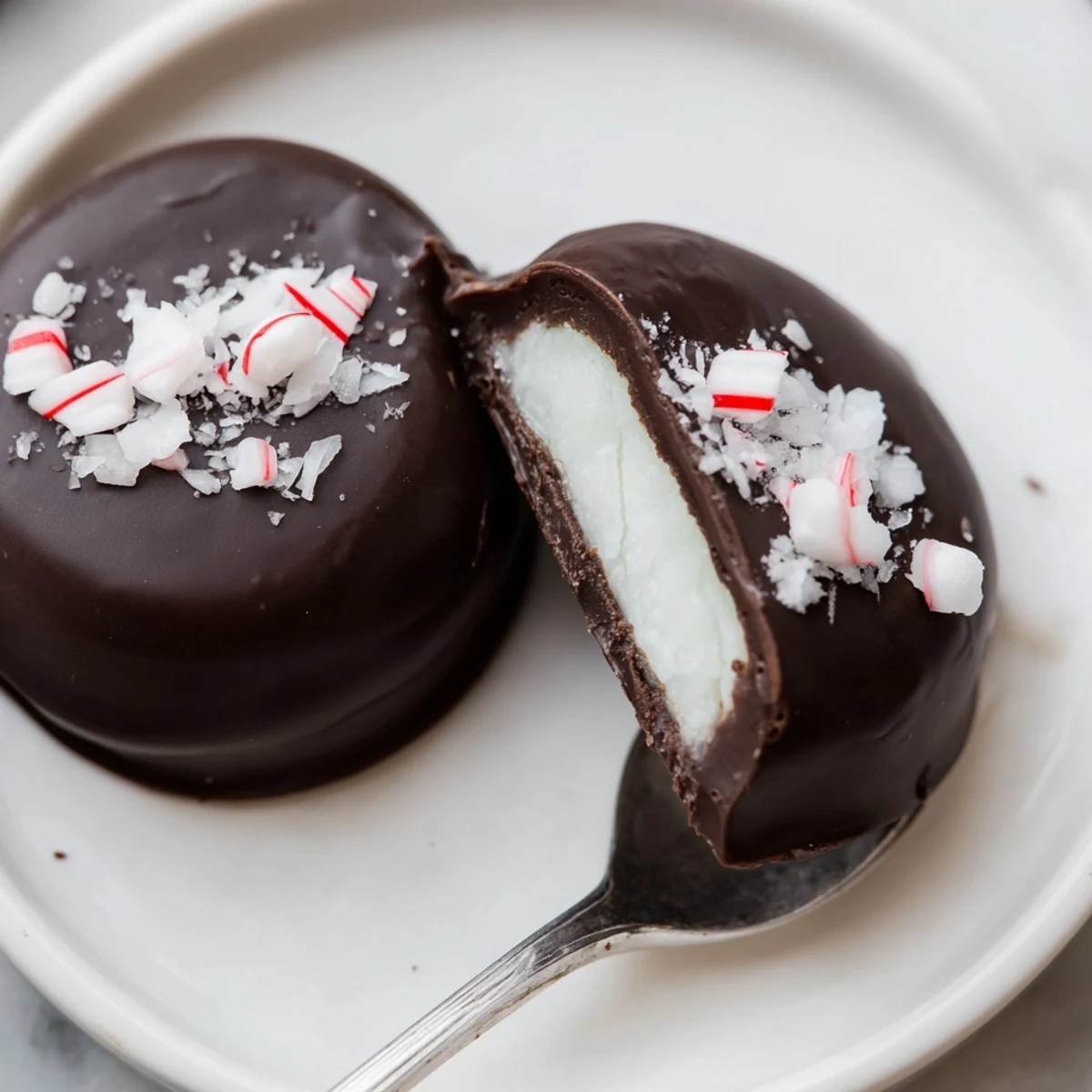 Peppermint Patties: glossy dark chocolate shells with creamy mint centers, frozen