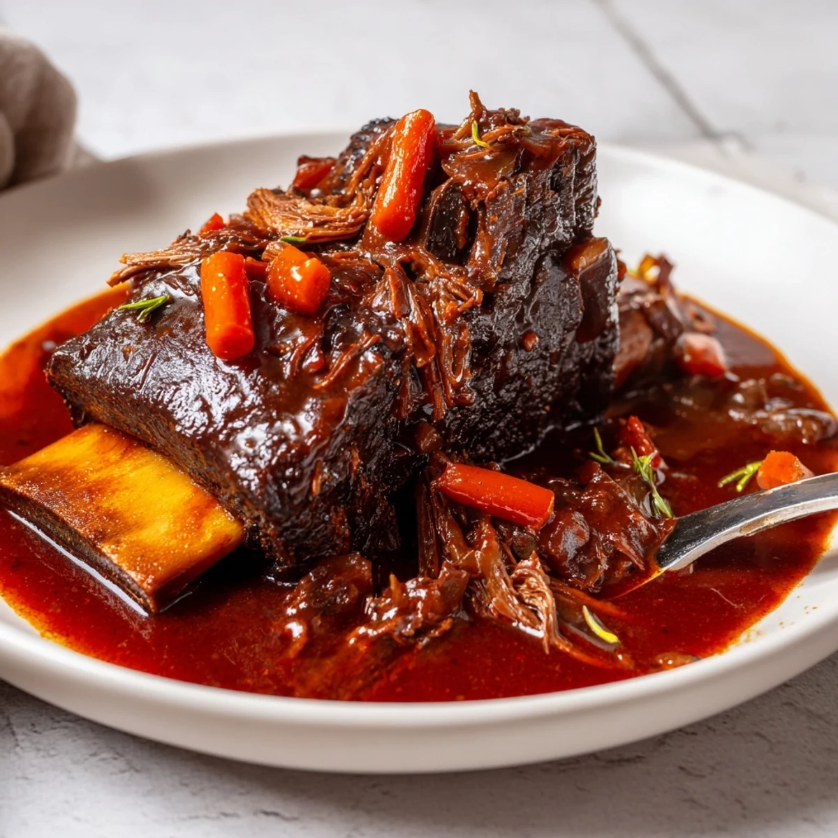 Slow Cooker Beef Short Ribs glazed in rich red wine sauce, fork tender