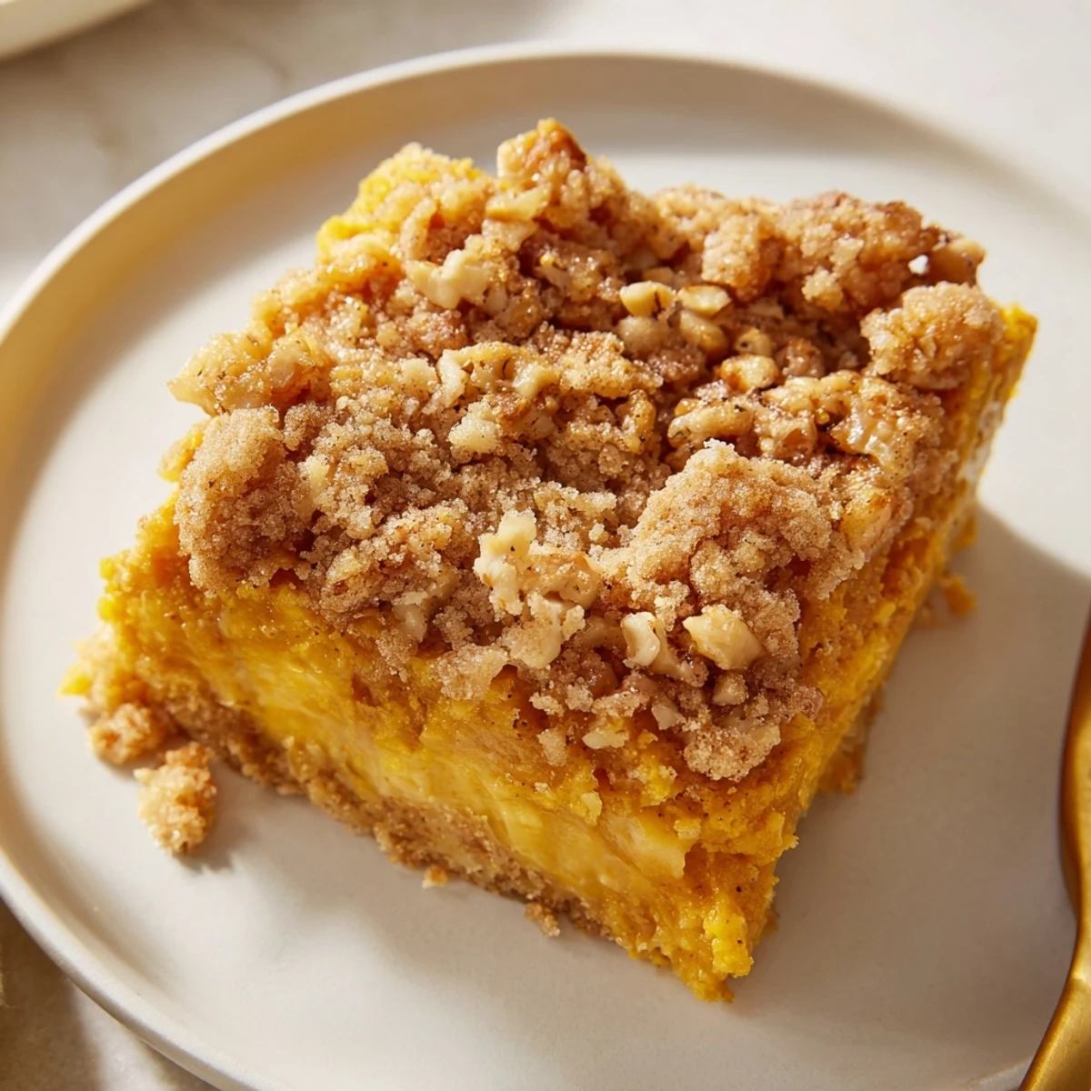 Slice of Pumpkin Dump Cake showing creamy pumpkin layer, buttery crumb, pecans