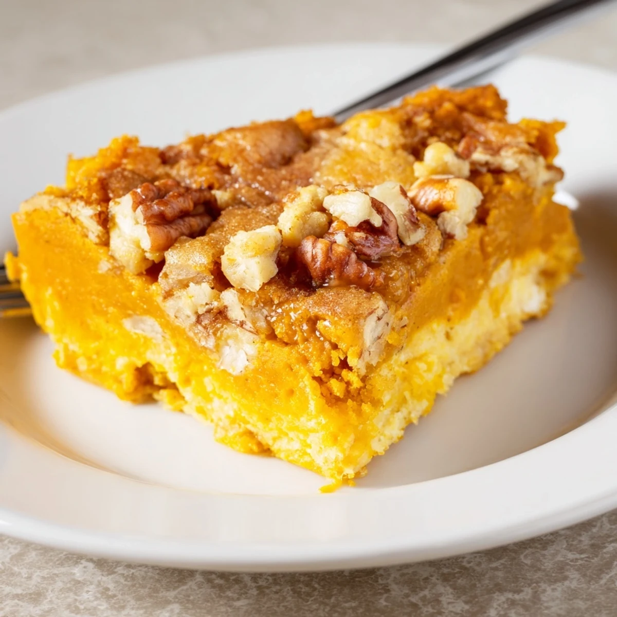 Warm Pumpkin Dump Cake served with melting vanilla ice cream and spice