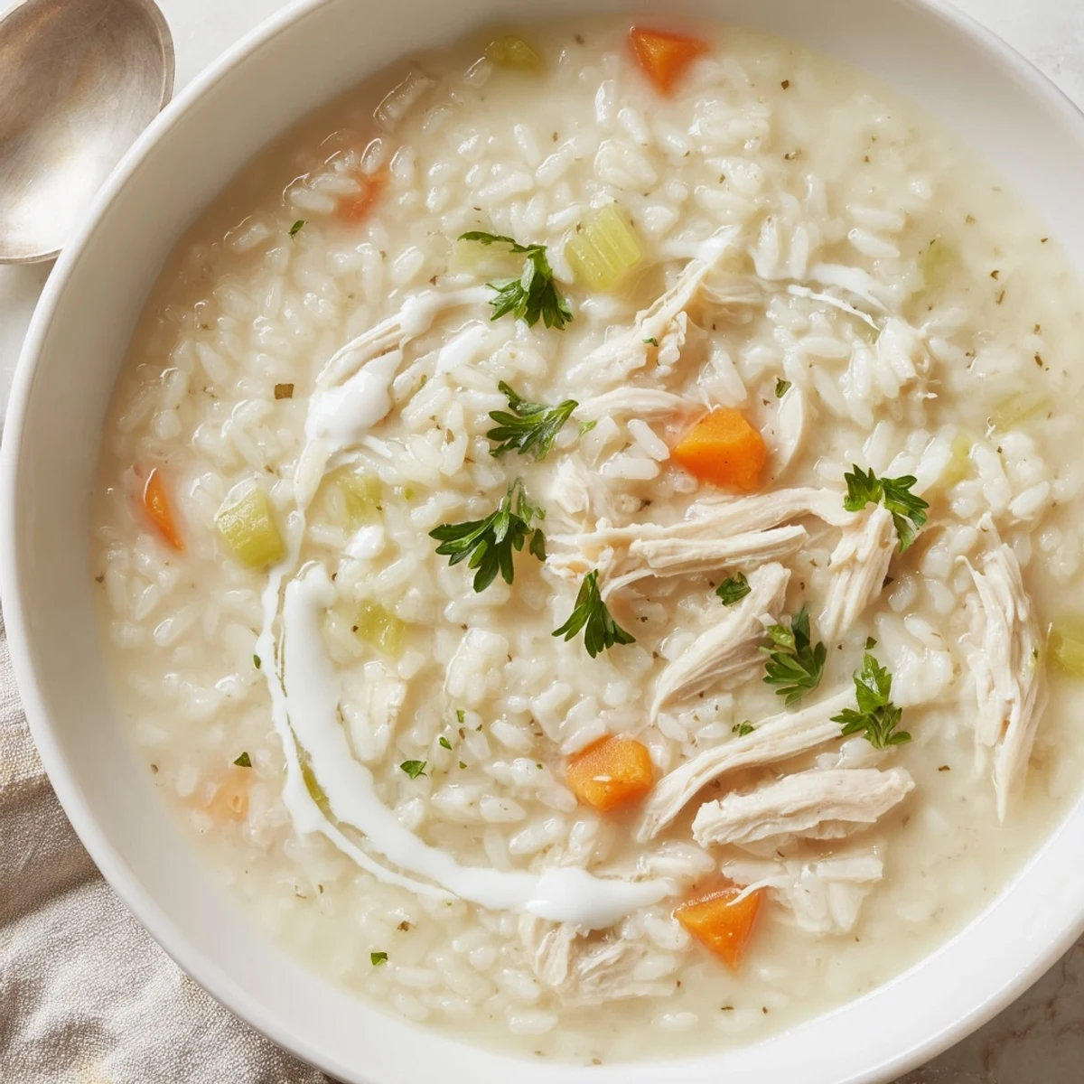 Creamy Chicken Rice Soup steaming in bowl, tender chicken and fragrant herbs