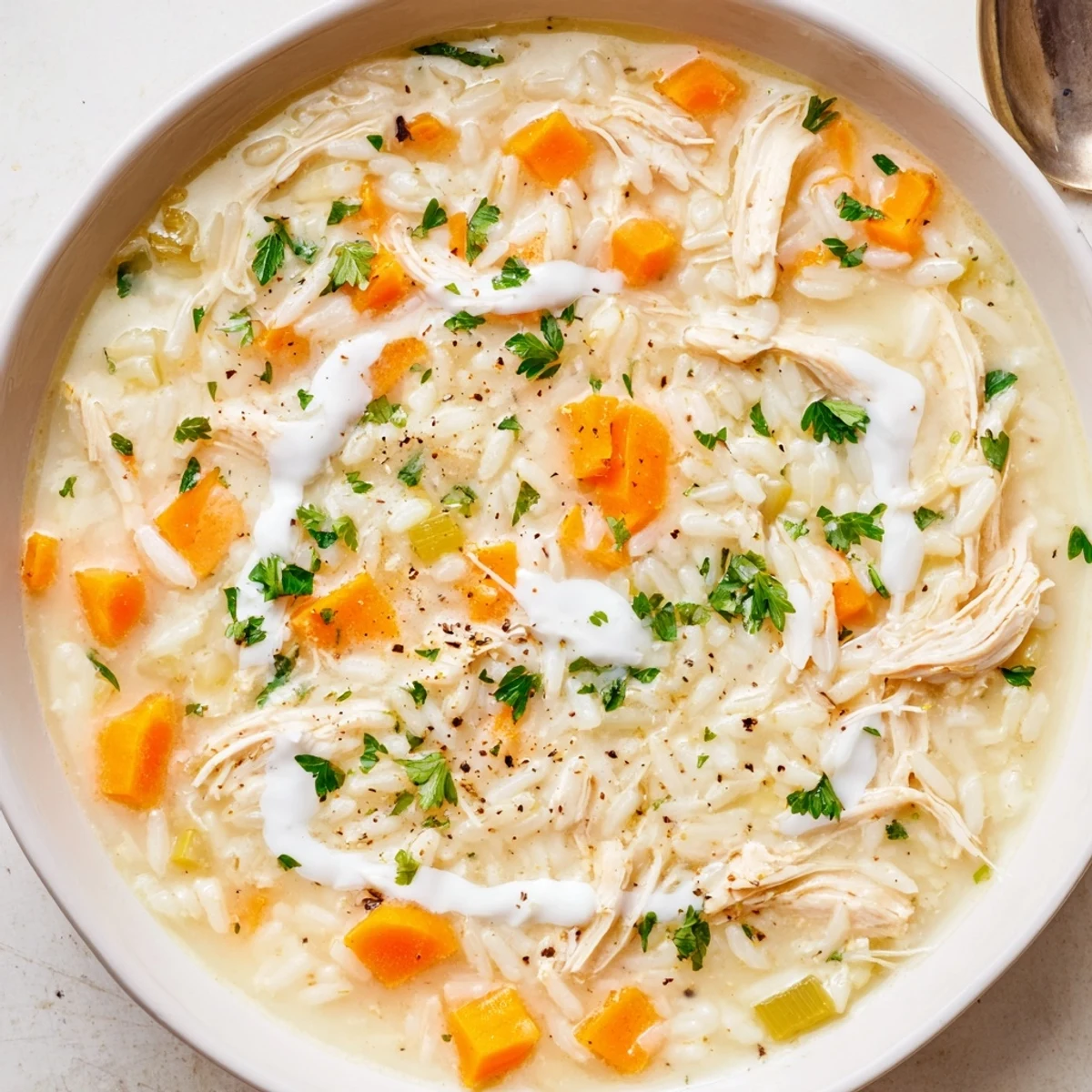 Bowl of Creamy Chicken Rice Soup garnished with parsley, served with crusty bread