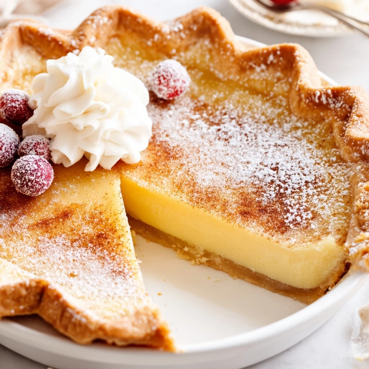Sliced Christmas Eve Custard Pie With Cinnamon Vanilla resting on wire rack