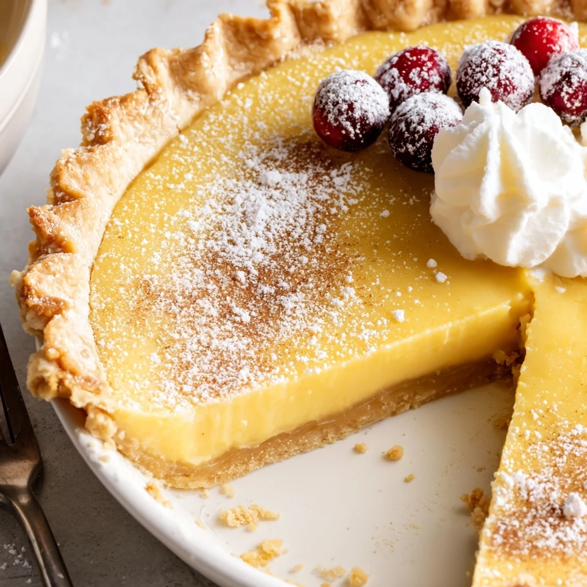 Aromatic Christmas Eve Custard Pie With Cinnamon Vanilla slice on festive plate