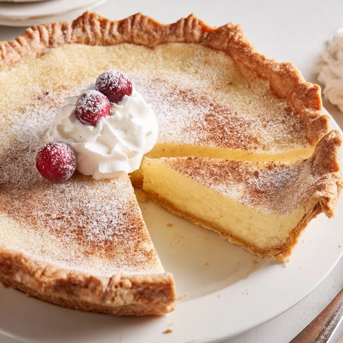 Warm, golden Christmas Eve Custard Pie With Cinnamon Vanilla dusted with powdered sugar