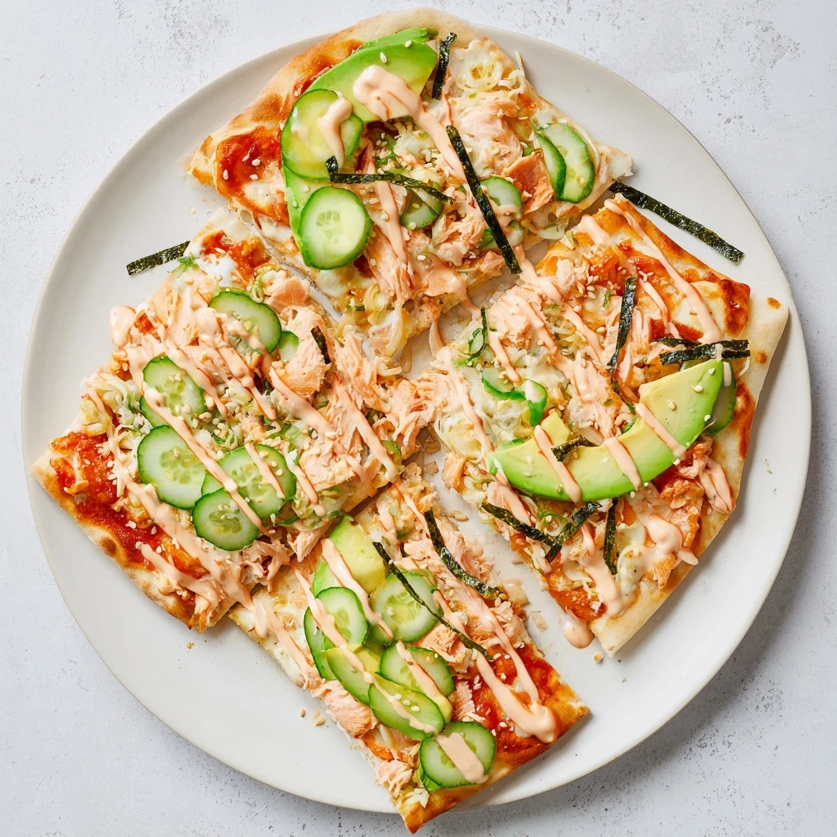 Golden brown salmon sushi bake flatbread pizza drizzled with spicy sriracha mayo and topped with fresh avocado slices