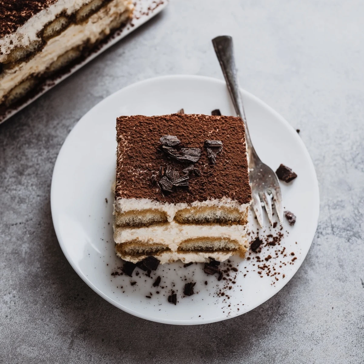 Homemade Tiramisu recipe featuring coffee-dipped ladyfingers nestled between rich mascarpone cream and chocolate shavings
