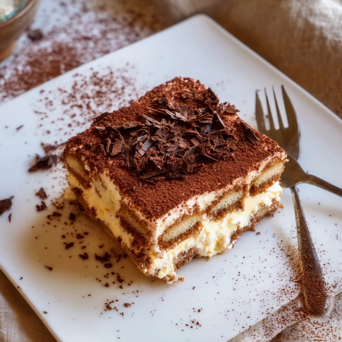 Italian Tiramisu recipe served in a glass square dish with dark cocoa powder topping