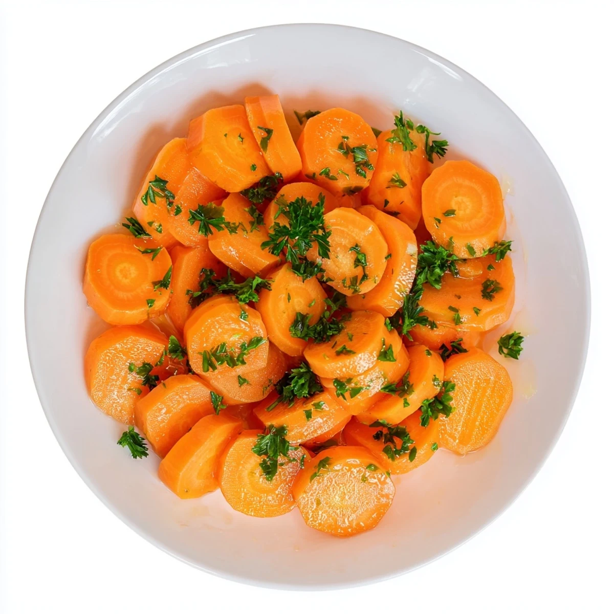 Golden honey glazed carrots glistening with sweet buttery coating on a white serving plate