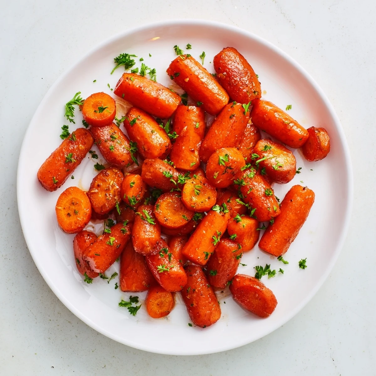 Steam rises from glossy honey roasted carrots arranged neatly on a rustic wooden serving board