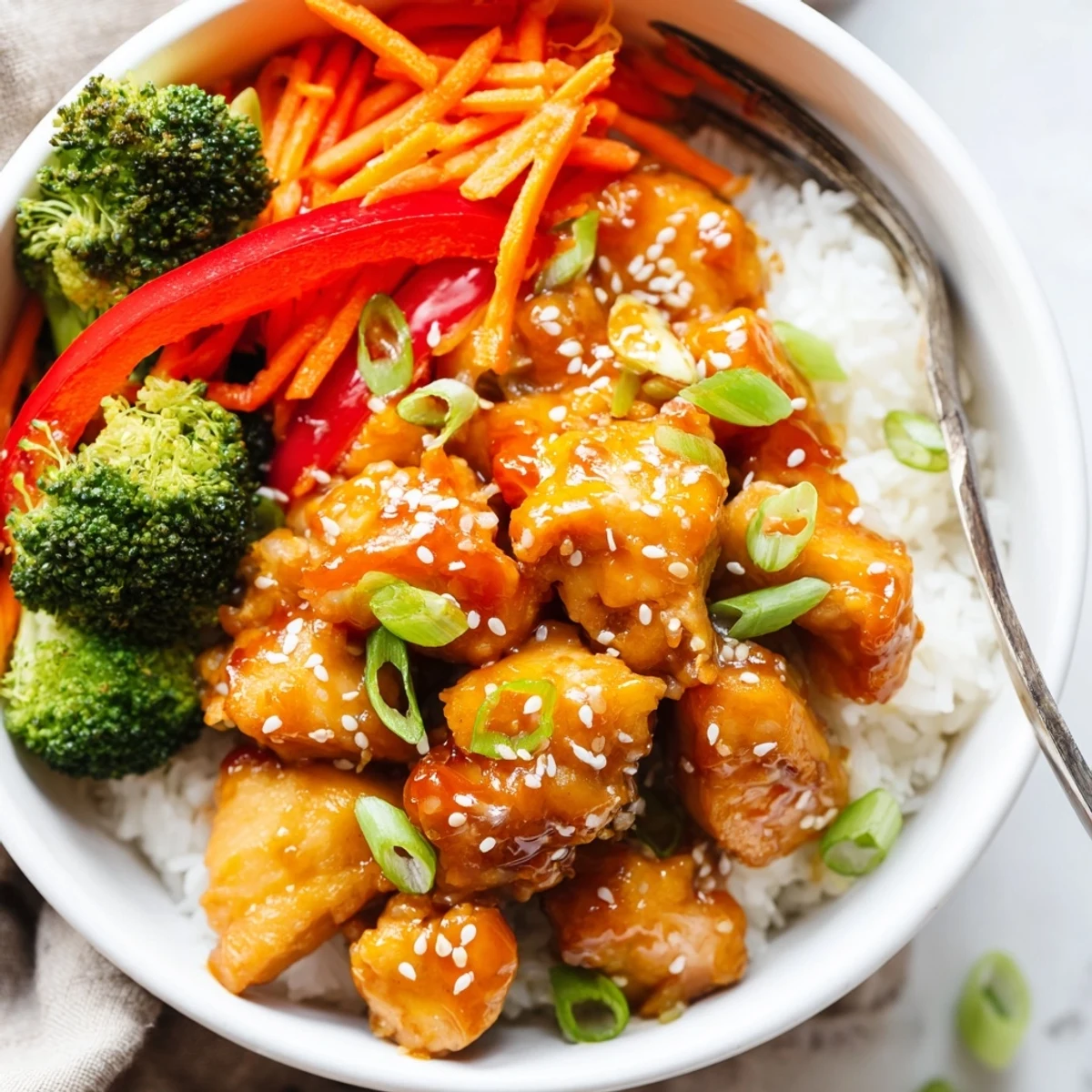Golden orange glazed chicken pieces draped over fluffy white rice with colorful steamed broccoli and shredded carrots