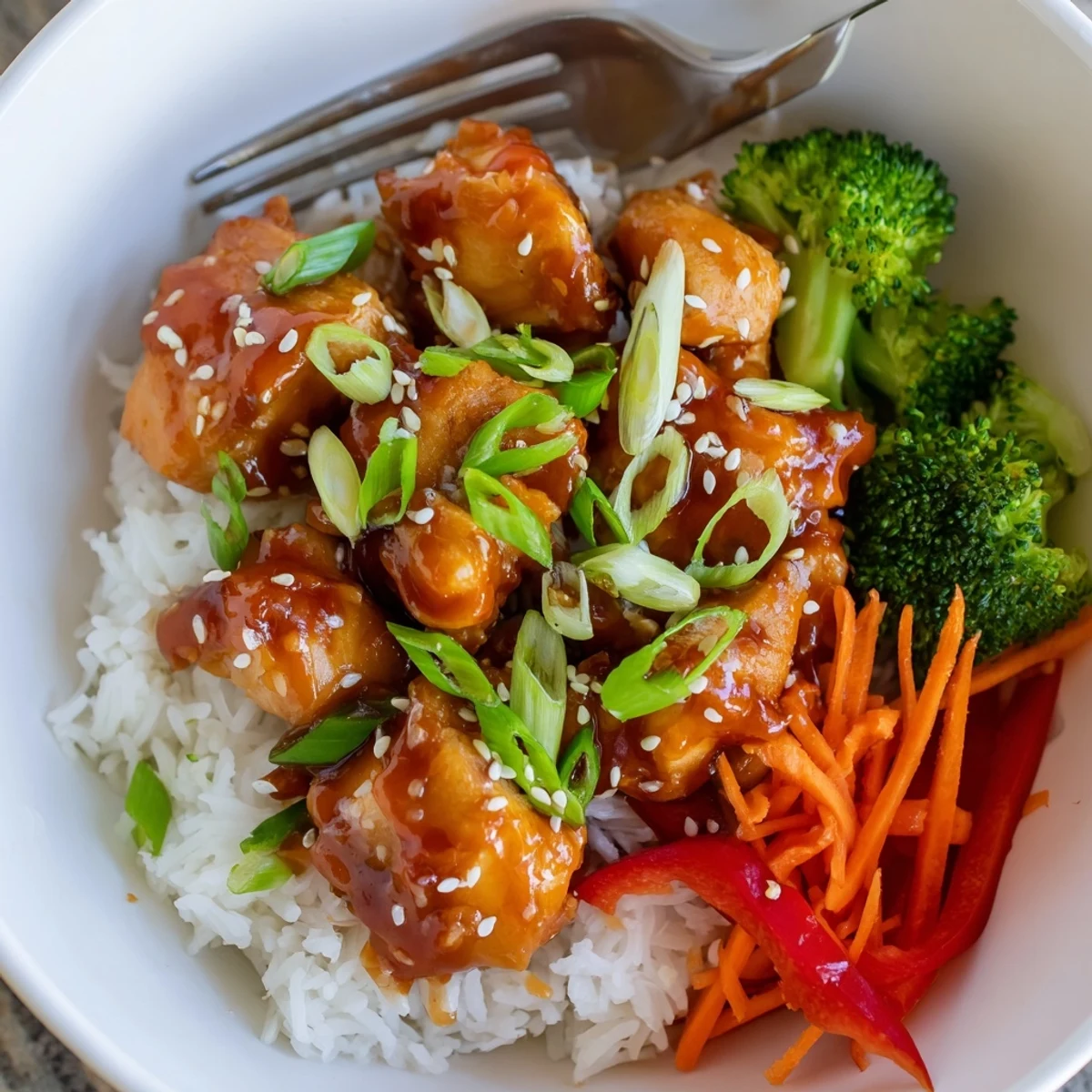 Vibrant Asian-inspired rice bowl featuring sticky orange glazed chicken with fresh bell pepper slices and green onion garnish