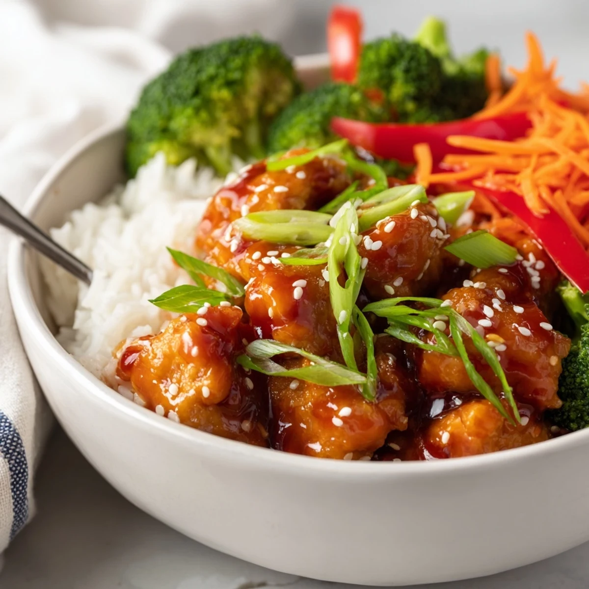 Succulent chicken coated in sweet tangy orange glaze served over steaming jasmine rice with crisp vegetables and sesame seeds
